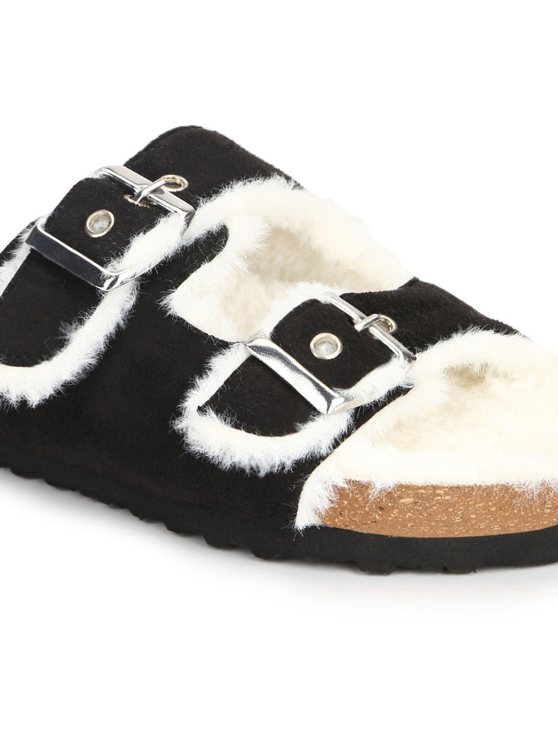 Black Furry Cork Sandals With Buckle