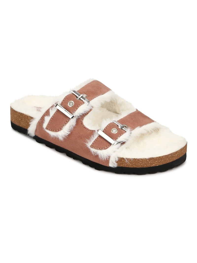 Nude Furry Cork Sandals With Buckle