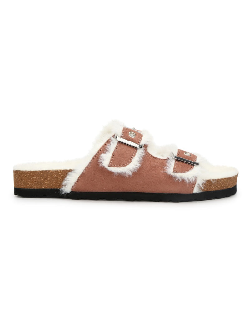 Nude Furry Cork Sandals With Buckle