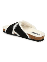 Black Furry Crisscross Strap Cork Sandals