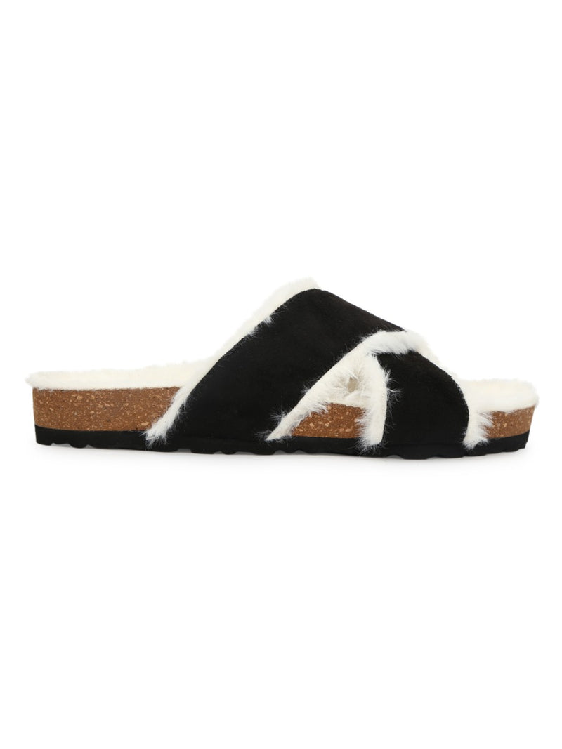 Black Furry Crisscross Strap Cork Sandals