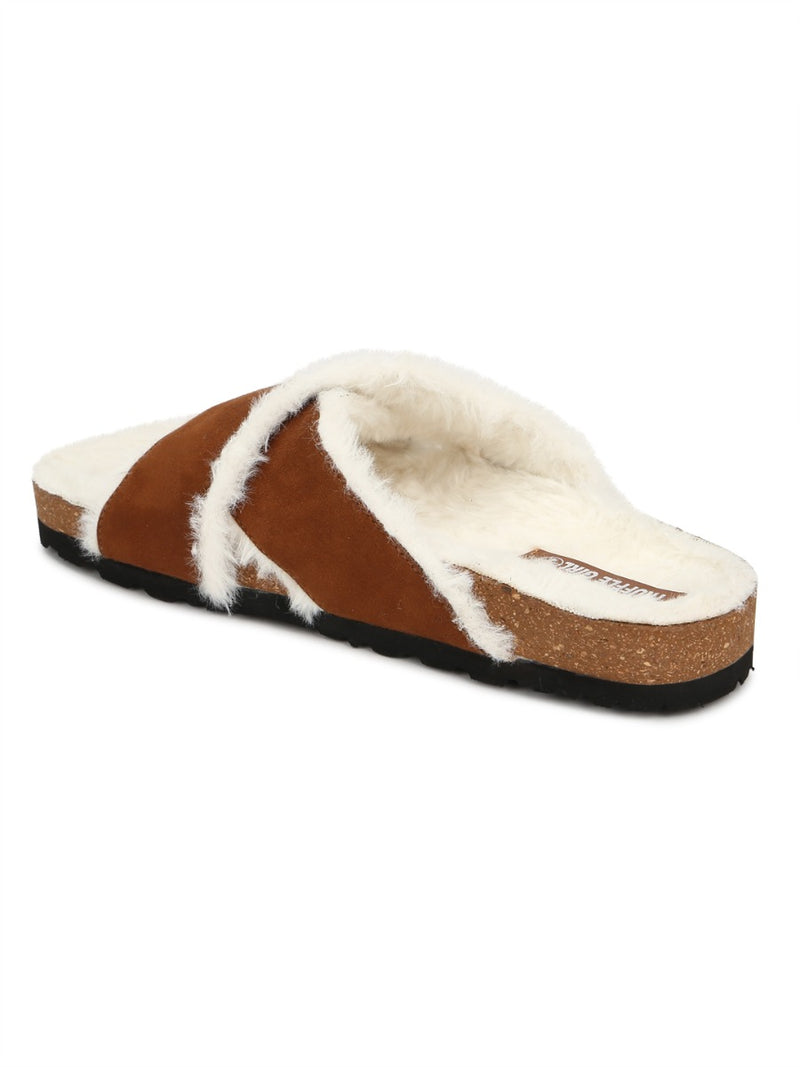 Tan Furry Crisscross Strap Cork Sandals