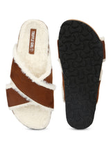 Tan Furry Crisscross Strap Cork Sandals