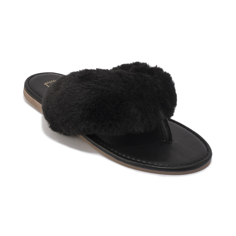 Black Fur Flat Toe Thong Sandal