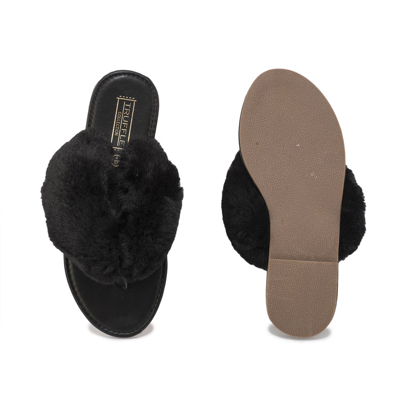 Black Fur Flat Toe Thong Sandal