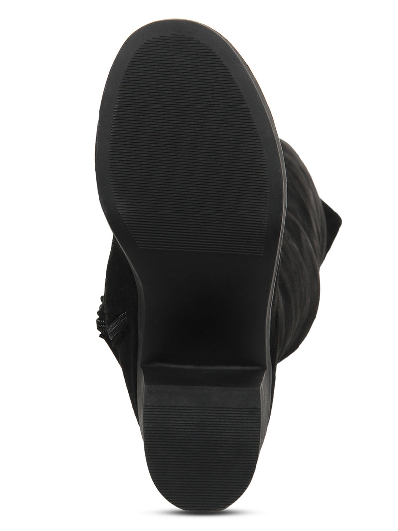 Black Microfibre Low Block Heel Lace-Up Long Boots