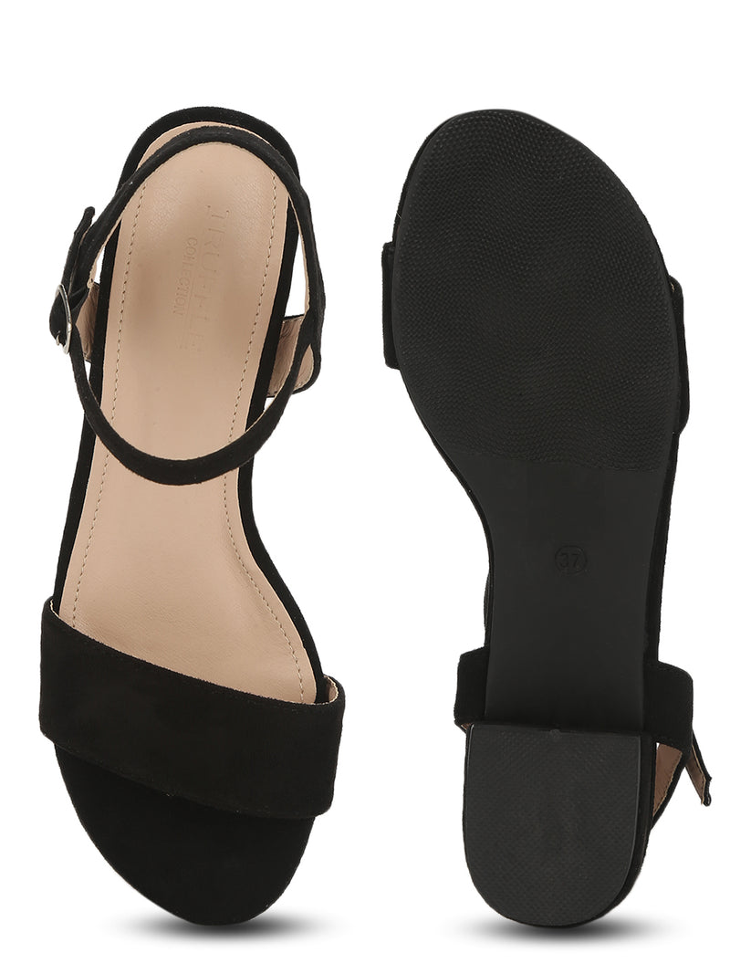 Black Micro Low Ankle Strap Block Heels