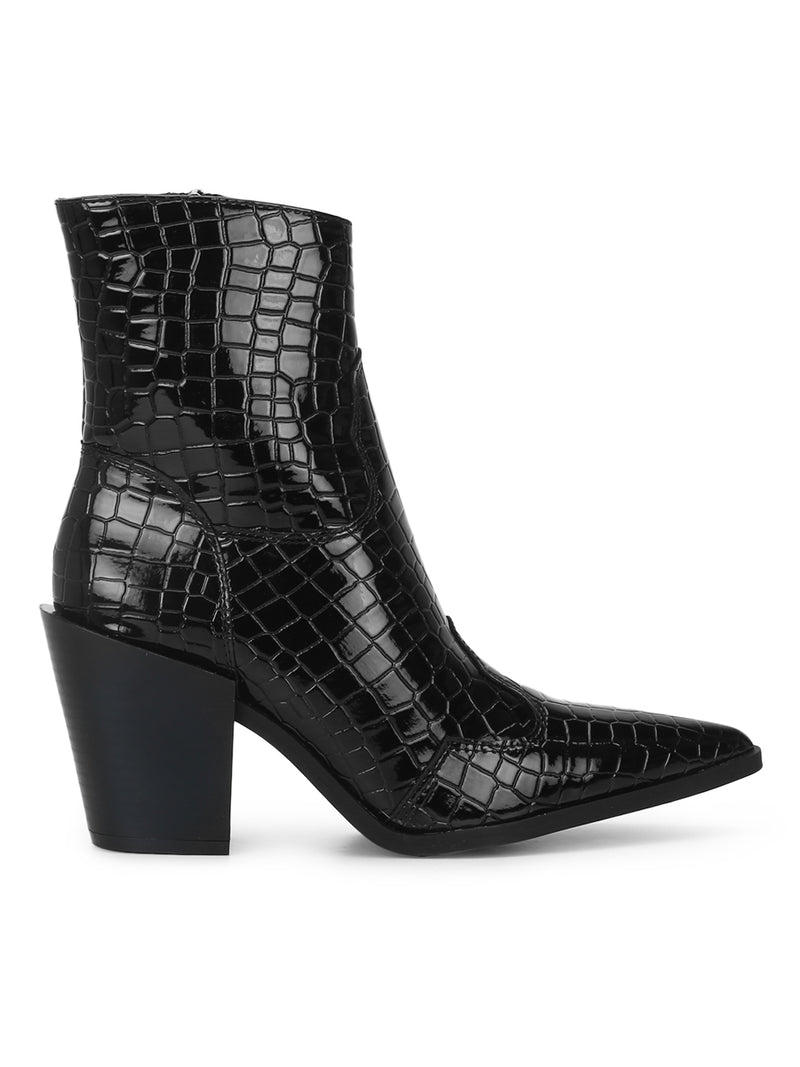 Black Croc Patent Ankle Length Block Heel Boots