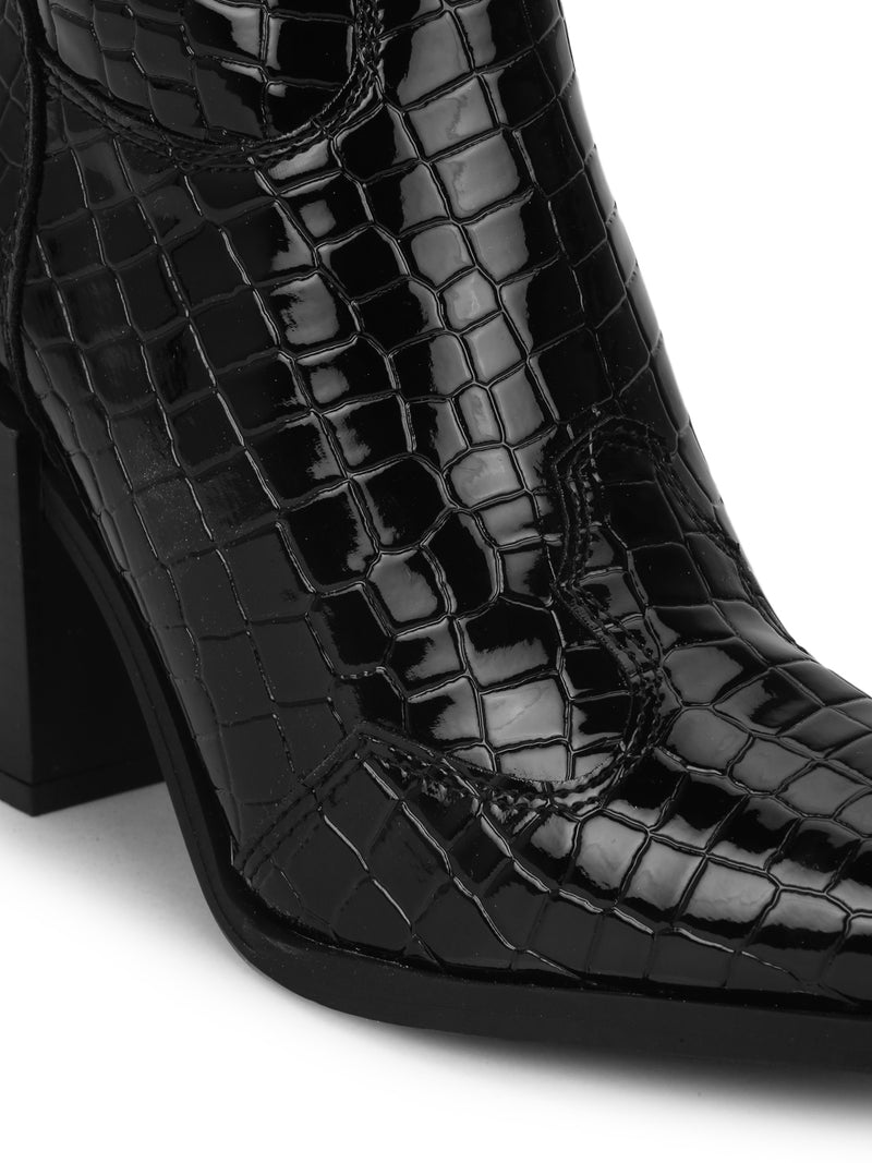 Black Croc Patent Ankle Length Block Heel Boots