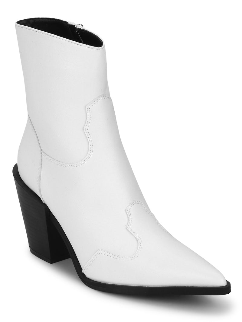 White Pu Ankle Length Block Heel Boots