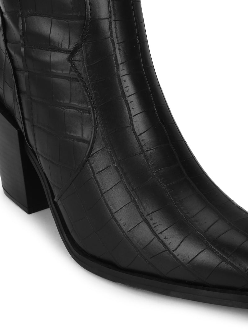 Black Croc Pu High Thigh Block Heel Boots