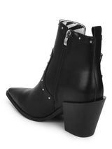 Black Pu Buckled Up Studded Block Heel Ankle Boots