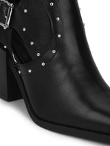 Black Pu Buckled Up Studded Block Heel Ankle Boots