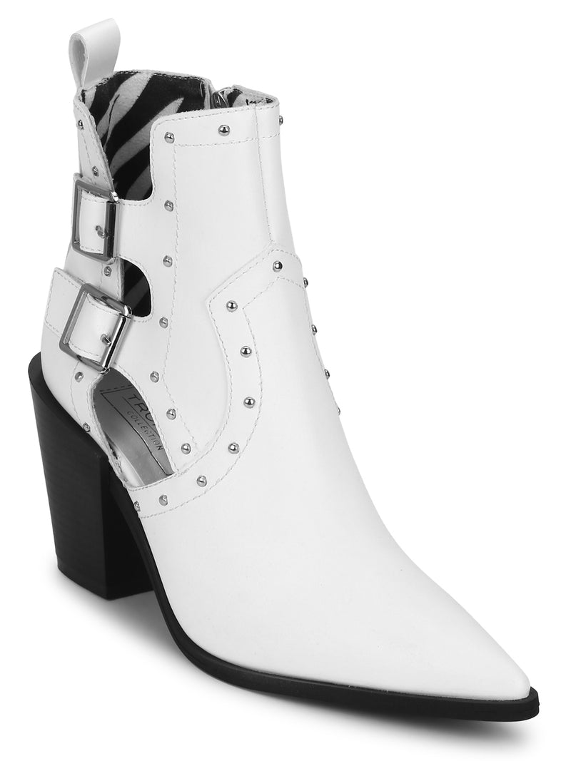 White Pu Buckled Up Studded Block Heel Ankle Boots