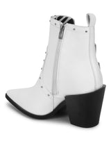 White Pu Buckled Up Studded Block Heel Ankle Boots