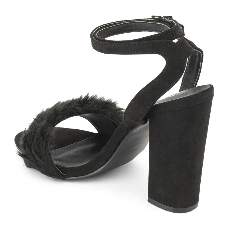 Black Block Heel Fur Sandals
