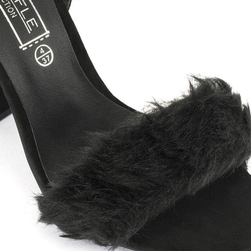 Black Block Heel Fur Sandals