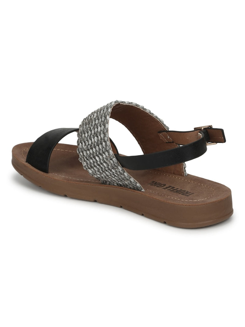 Black PU Flat Sandals With Back Strap
