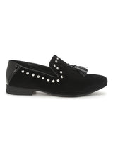 Black Velvet Studded Tassel Men Loafers