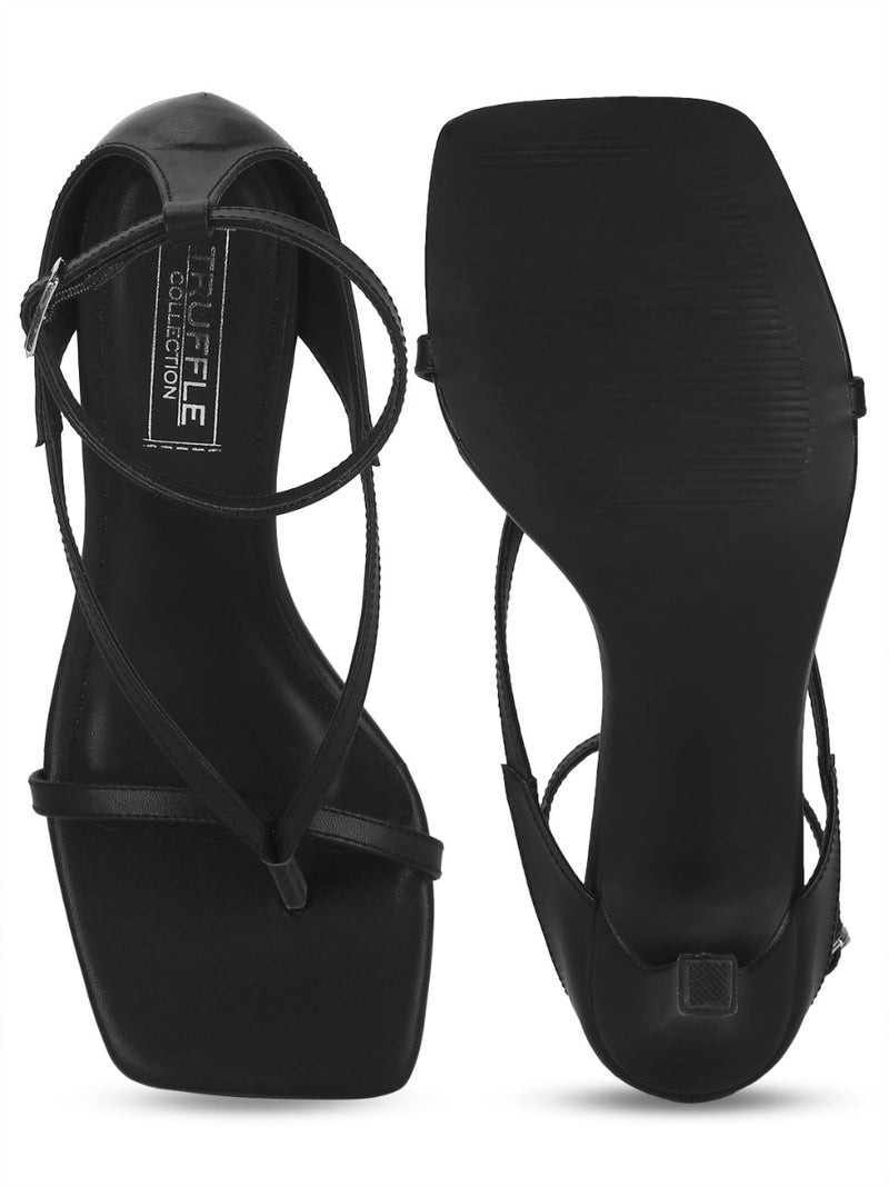 Black PU Pointed Heel Strappy Stilettos