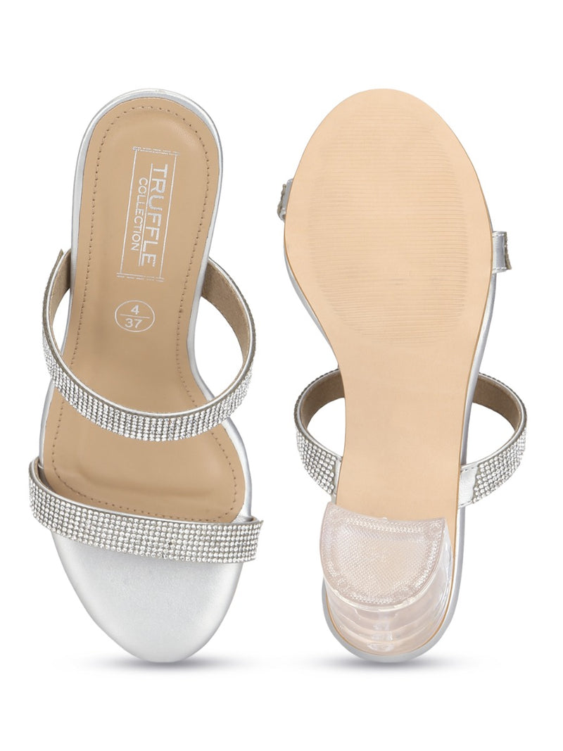 Silver PU Clear Heel Diamante Mules